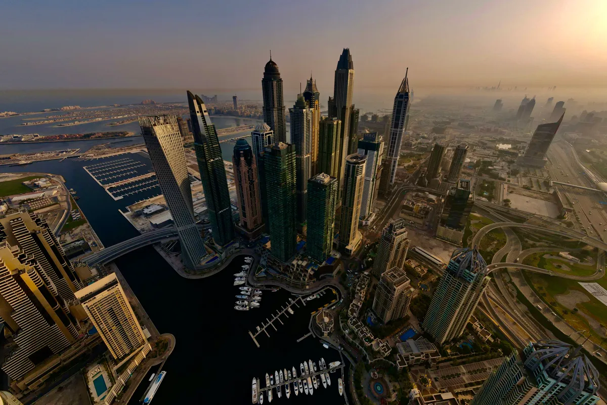 Aerial view of a Middle Eastern city at golden hour