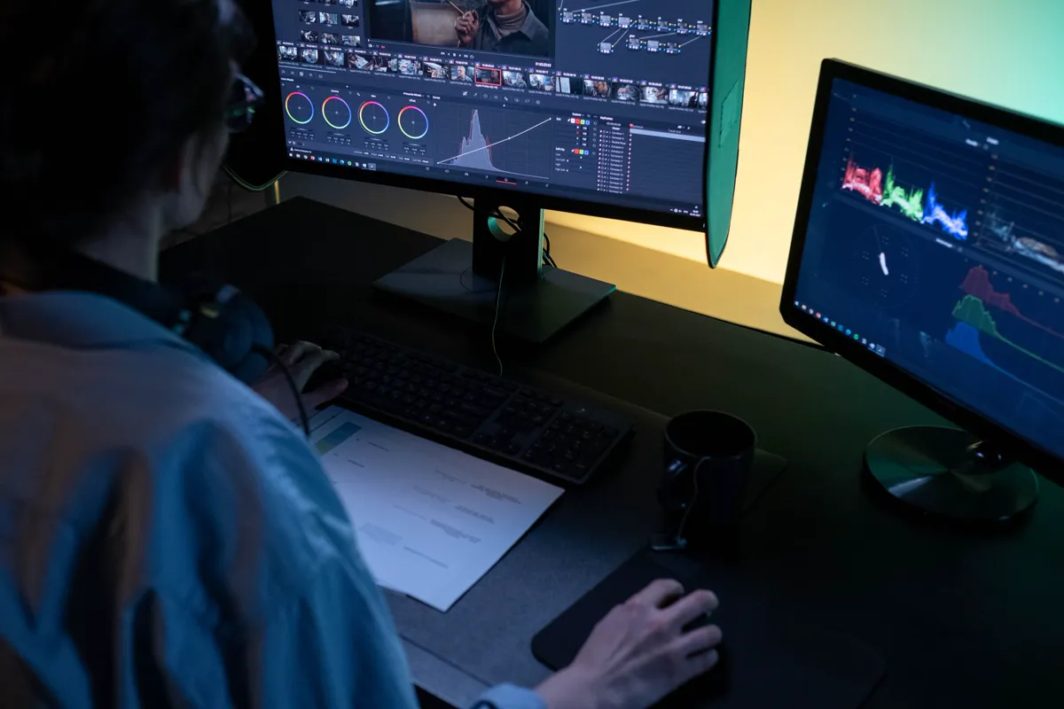 An editor at a two-screen edit suite, colour scopes on the second monitor.